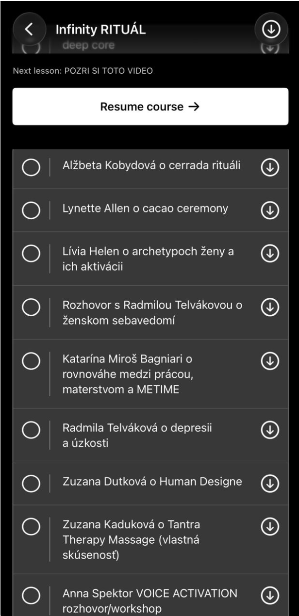 Infinity kurikulum — zoznam lekcií v mobilnej aplikácii