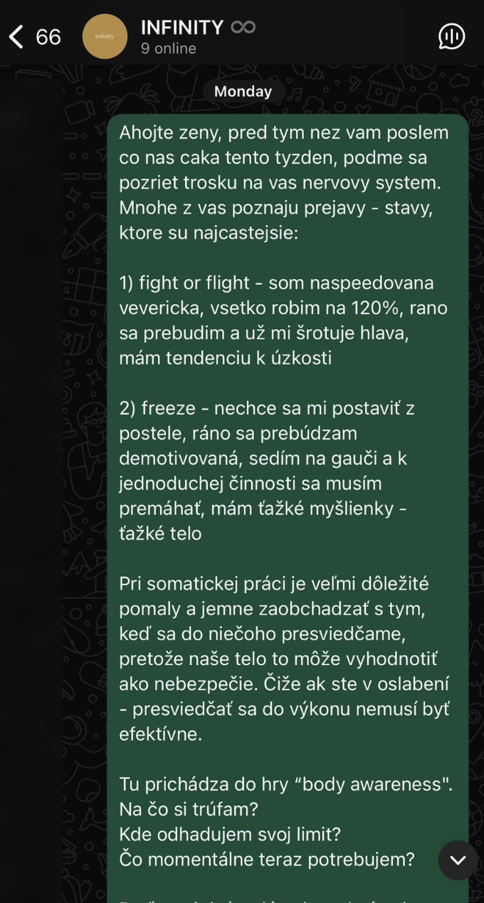 WhatsApp konverzácia — Infinity · nervový systém